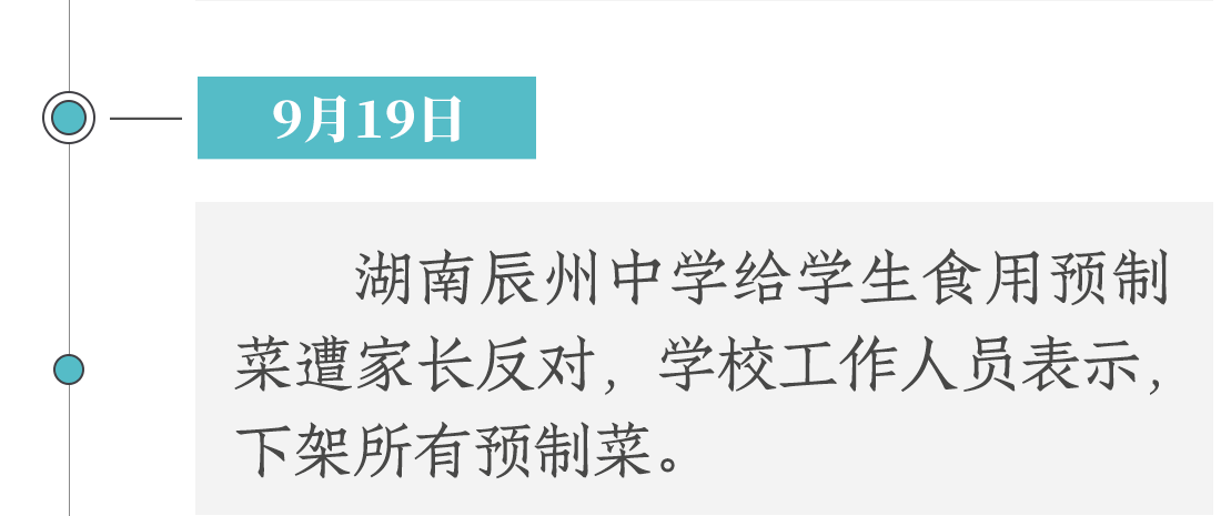 9月19日，湖南辰州中學(xué)使用預(yù)制菜遭家長(zhǎng)反對(duì)，學(xué)校工作人員表示下架所有預(yù)制菜。